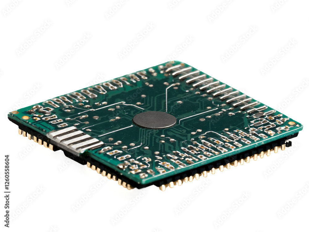 Poster microchip with intricate circuitry details, showcasing technology and design