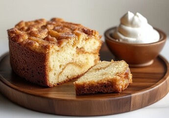 Delicious homemade cake with a slice cut out, served on a wooden plate alongside a bowl of whipped cream for dessert lovers and culinary enthusiasts