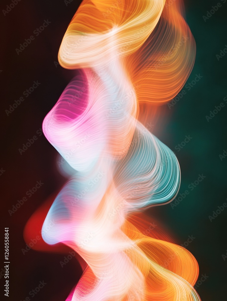 Poster abstract colorful waves of light against a dark background, featuring flowing lines in vibrant orang