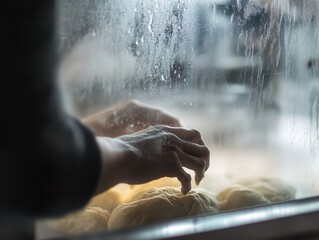 Blurred Kitchen Moments Through Frosted Glass at Night
