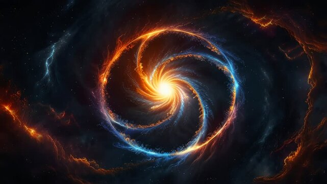 The energy ball vortex emits power in the outer space of the universe galaxy surrounded by cosmic energy. Explosion with visualization of alpha channel fractal waves. Ring of fire power vortex.