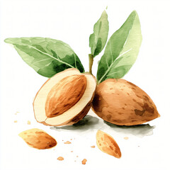 Watercolor hand-painted almond branch with leaves painting illustration isolated on a white background, sliced almond branch with leaves illustration, AI