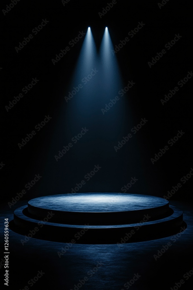 Poster stage platform highlighted for product presentation with spotlights on dark background