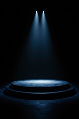 Stage platform highlighted for product presentation with spotlights on dark background