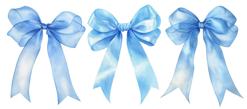 Blue satin ribbon bow collection, isolated set on transparent background