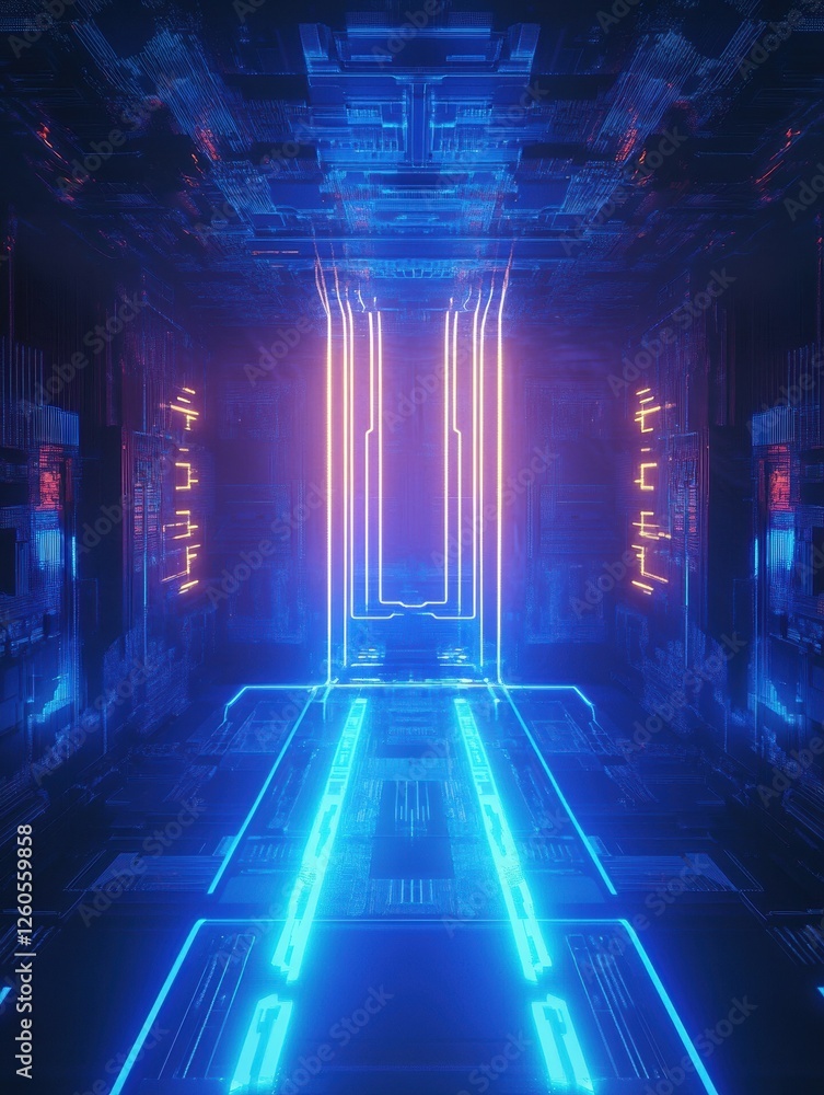 Aufkleber neon glowing digital technology circuit board in computer. futuristic glowing bright blue color. abs