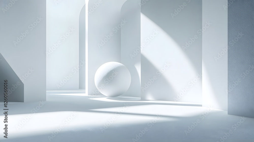 Poster minimalist white room with a central sphere and 3d personality display in a clean studio setting