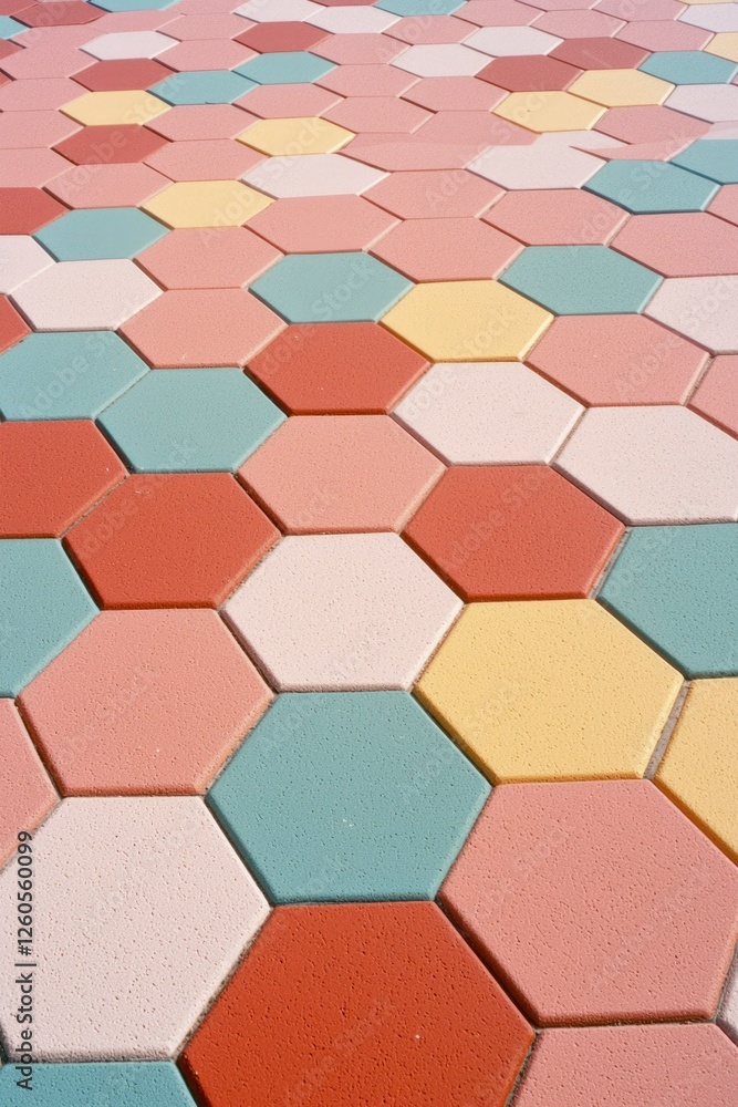 Poster colorful hexagonal tiles arranged in a random geometric pattern on the ground