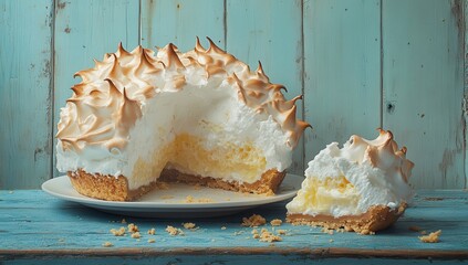 Delicious lemon meringue pie with golden peaks on a rustic blue wooden background, showcasing creamy filling and crumbly crust, perfect for dessert lovers