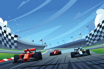 Create a dynamic vector illustration of a Formula 1 race car with prominent tire marks and a checkered flag background.  Emphasize speed and action.
