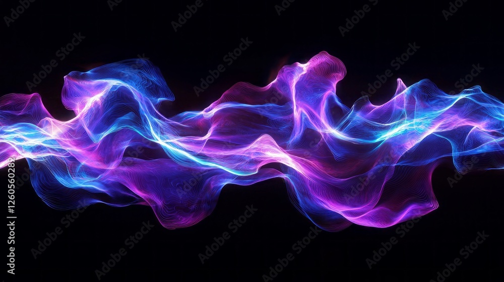Poster radiant waves of vivid purple and electric blue flow gracefully across a dark background, creating a