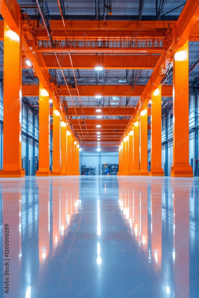Poster bright, tall orange industrial columns create repetitive patterns in a factory hall