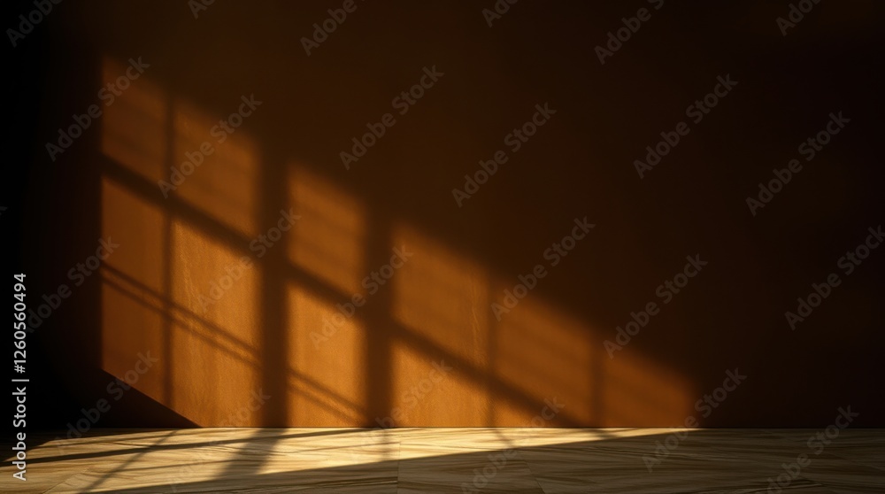 Poster sunlight streams into a room, casting geometric shadows against a solid colored wall and patterned f