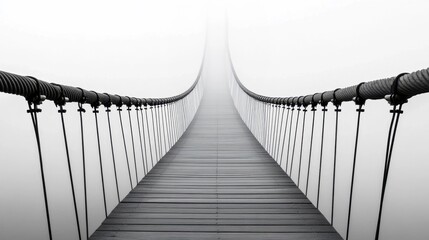 Suspension bridge leading into thick fog, wooden walkway with cable railings disappears into the mist.