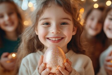 Naklejka premium Smiling child holding glittering egg amidst friends