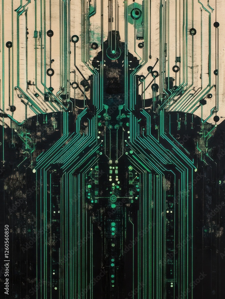 Poster a complex circuit board with a network of green and black lines, creating a visually striking and in
