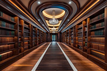 Fototapeta premium Luxurious Private Library with Dark Mahogany Shelves and Chandelier