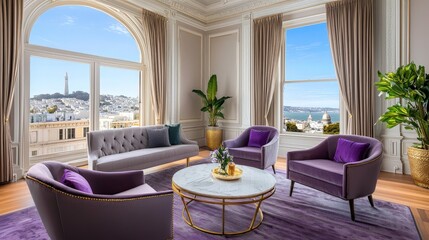 Obraz premium Luxurious Boutique Hotel Suite with Velvet Upholstery and Scenic View