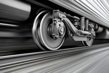 Close-up of a train wheel and suspension system, speeding down the tracks, motion blur effect.