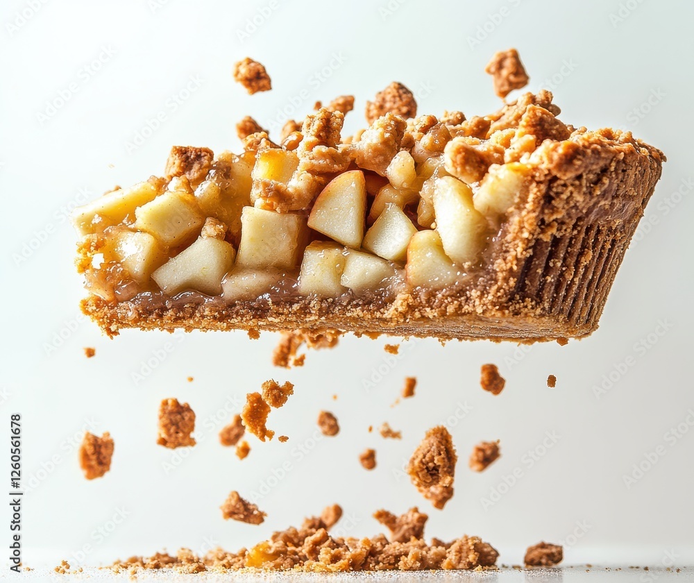 Poster delicious slice of apple pie with crumb topping and floating crumbs in air, capturing the essence of