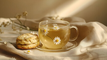 A soothing cup of herbal tea with fresh daisies accompanied by a delicious baked biscuit on a linen cloth.