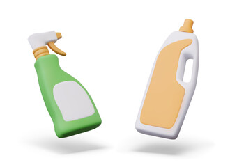 Plastic bottle with handle, spray. Set of containers for liquid detergents. Isolated realistic templates with blank labels. Mockup with place for name, logo, brand