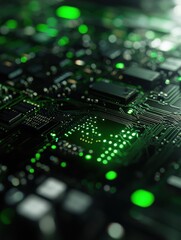 Fototapeta premium Close-Up of Green Light on Graphics Card Highlighting Intricate Circuitry