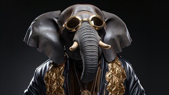 Stylish Elephant King: Leather Jacket & Golden Chains Fashion