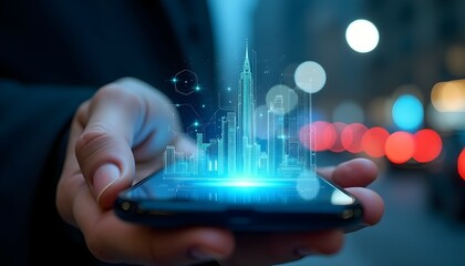 Close-up of a hand holding a smartphone displaying a holographic cityscape with digital elements, blurred urban lights in the background, showcasing technology and innovation.
