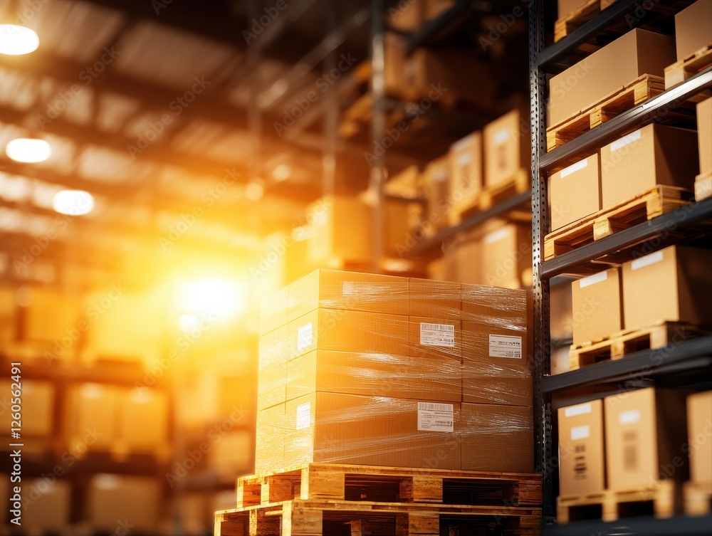 Poster a warehouse filled with stacked boxes and pallets, illuminated by warm light, creating a productive 