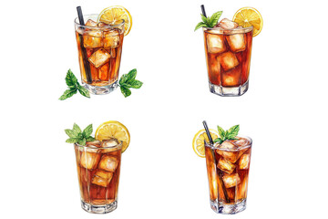 Watercolor illustration of a glass of sweet tea with ice cubes, lemon slice and mint for summer, isolated on white background.
