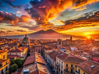 Catania City Silhouette, Etna Volcano Sunset - Dramatic Sicilian Landscape