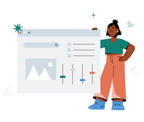 Female Character Presenting Search Engine Interface in Flat Vector Illustration Symbolizing Web Management, Online Business, and Digital Search, Isolated on White Background