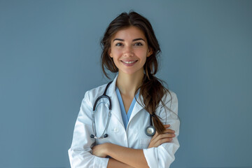 A young female doctor in a white lab coat and stethoscope stands confidently, her warm smile and professional look conveying approachability and trust.
