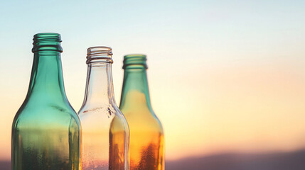 Artistic shot of glass bottles reflecting sunset, showcasing vibrant colors and unique shapes. serene atmosphere evokes sense of calm and beauty