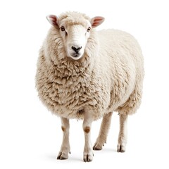 Fototapeta premium Fluffy sheep standing, white background, farm animal