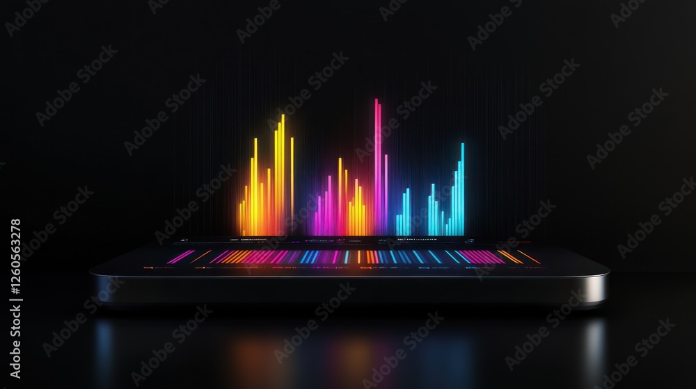 Poster abstract holographic audio spectrum on a sleek device interface display