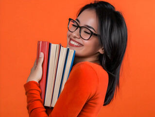 A cheerful young woman wearing glasses and an orange sweater hugs a stack of books while smiling. The bright orange background enhances the joyful mood, symbolizing education, learning, and knowledge.