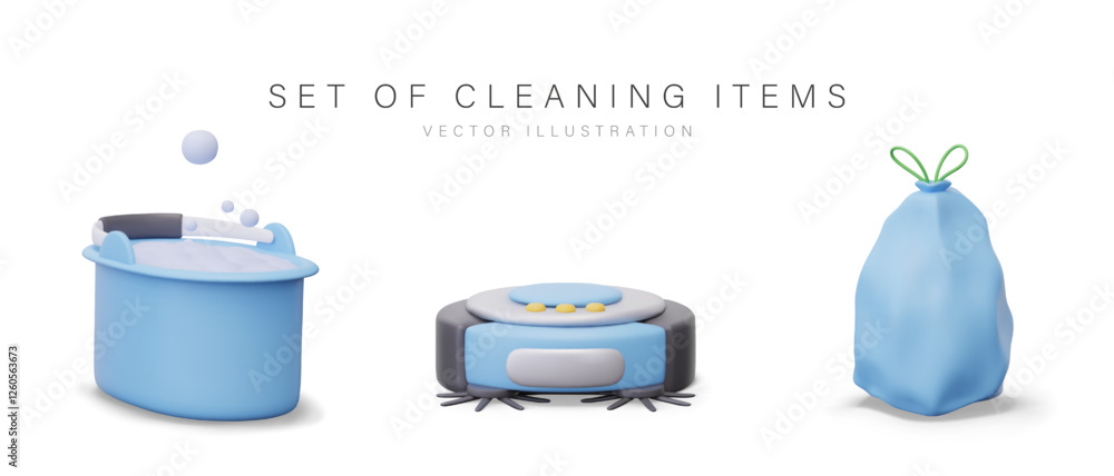 Poster collection of realistic elements for daily indoor cleaning. bucket with soapy water and bubbles, rob
