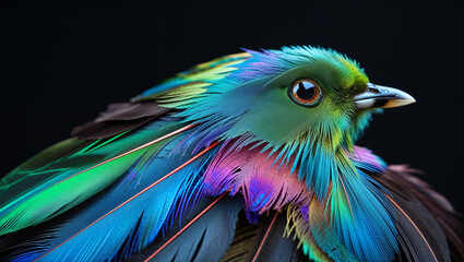 Obraz premium Vibrant iridescent bird with glowing blue green and purple feathers creating a stunning artistic close-up background with rich colors and soft lighting
