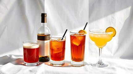 Set of various winter cocktails: mulled wine, eggnog, limoncello, old-fashioned, coconut margarita. White linen background.