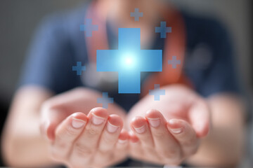 Professional healthcare medical worker holding health with shield icon health insurance concept