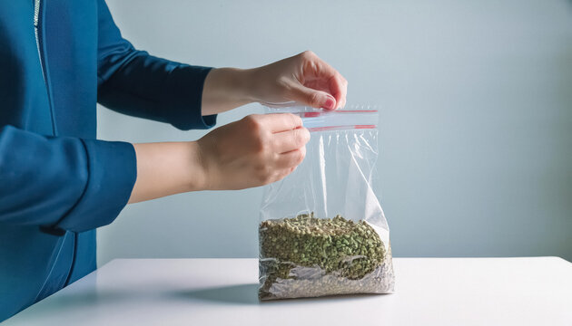 person seeling a bag of green granules