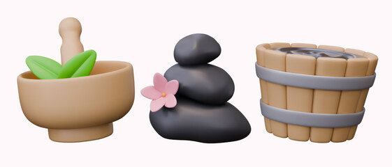 3D mortar with pestle and herbs, stack of black stones for hot massage, wooden bath