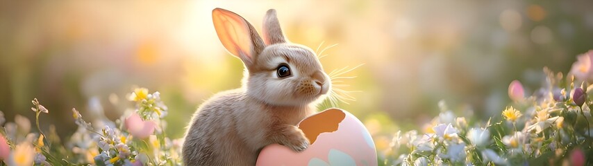 Fototapeta premium Cute Easter bunny hatching from egg