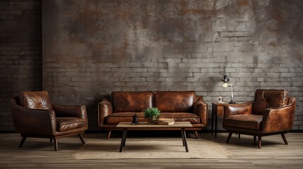 Vintage Brown Leather Sofa and Retro Chairs Design