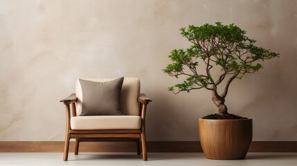 Modern Armchair and Bonsai on Wooden Pot Interior Design