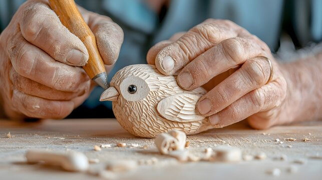 A craftsman carves a wooden bird figurine, showcasing intricate detail and skilled craftsmanship in a serene workshop setting.