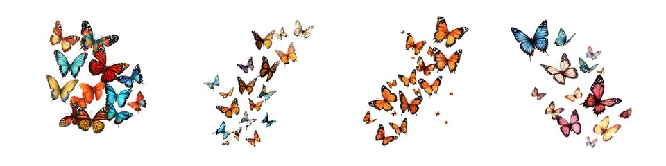 Set of Colorful Monarch and Exotic Butterflies in Flight Isolated on Transparent Background