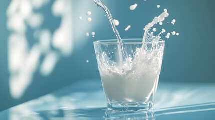 A glass of organic milk being poured against a blue background, emphasizing freshness and dairy appreciation on World Milk Day